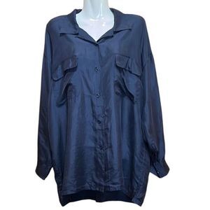 Bonjour Women’s Blouse Size Medium Dark‎ Blue 100% Silk Long Sleeve Pockets NWT